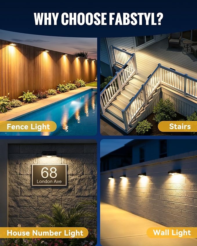 Solar Fence Lights Outdoor, Fence Light Solar Powered 4 Pack, 3 Modes Motion Sensor Outdoor Waterproof, 4 LEDs Warm White Outdoor Security Light for Fence Patio Yard Gate Garage Pool Wall
