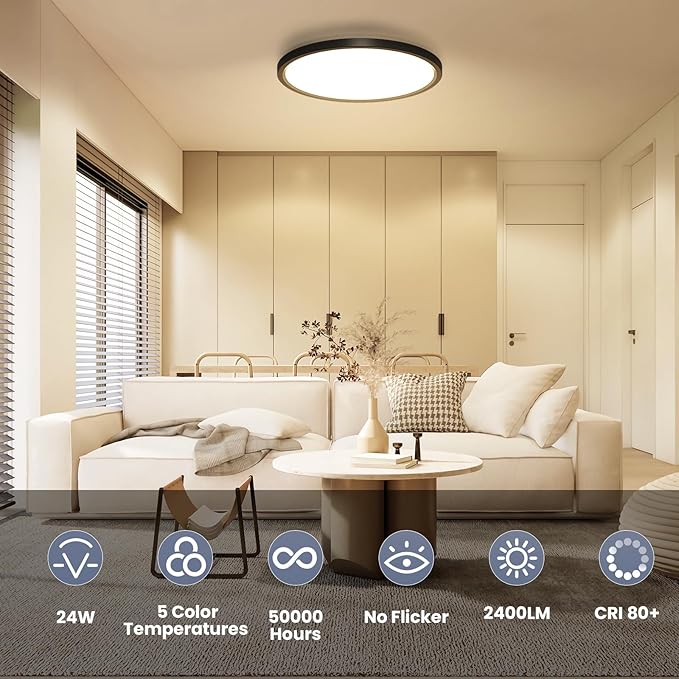 NIORSUN 12 inch Flush Mount LED Ceiling Light Fixture, 5CCT Adjustable Lights, Ultra Thin White Round Lamp, 24W Dimmable Light for Hallway, Kitchen, Bedroom, 1pack Black