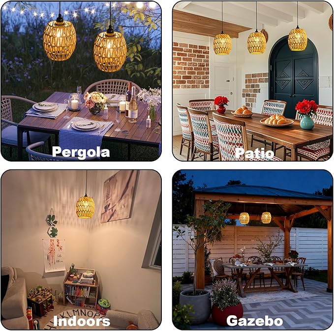 Battery Operated Chandelier, 2 Pack Natural Rattan Pendant Lights - Waterproof Outdoor Boho Hanging Lamps with Egg-Shaped Design, for Patios, Pergolas, Porch, Gazebo & Indoor Ceiling Decor
