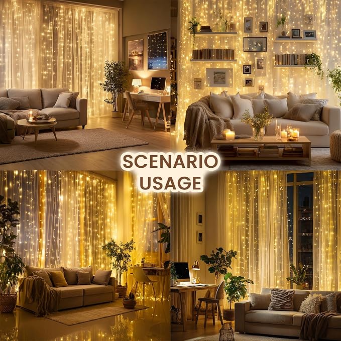 9.8x19.6Ft Curtain String Lights Plug in,600 Warm White LED Curtain Lights with Remote,Timer,Memory,Waterproof Clear Wire for Indoor Outdoor Bedroom Window Decor