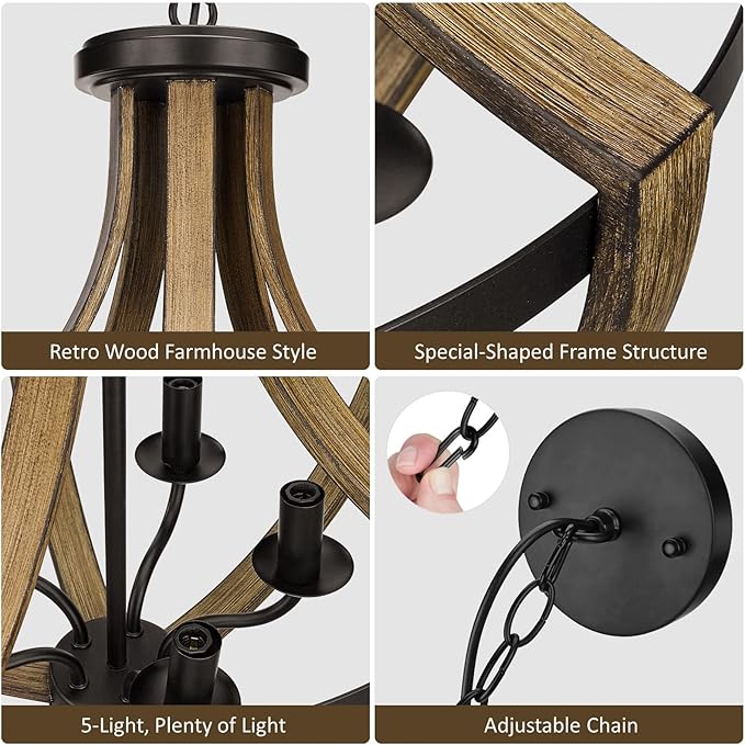 17.7" Modern Farmhouse Geometric Chandelier Light Fixture, 5-Light Adjustable Height Rustic Hanging Pendant Lighting for Dining Room Foyer Kitchen Island, Retro Wood Texture and Black Finish