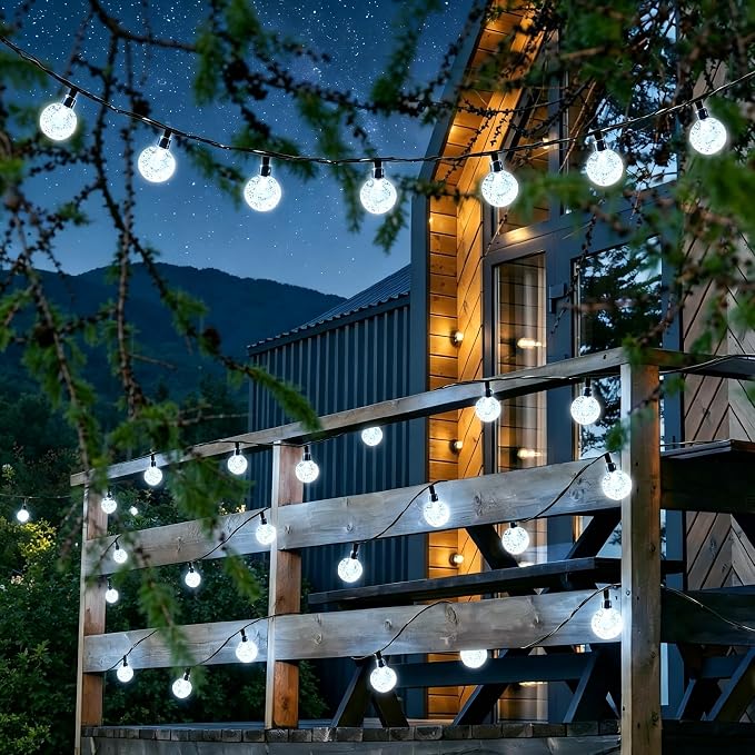 Joomer Solar Powered String Lights Waterproof, 39FT 60 LED Outdoor Solar String Lights Crystal Ball Light 8 Modes Globe Light for Garden, Gazebo, Porch, Lawn, Patio, Tree Decor (White)