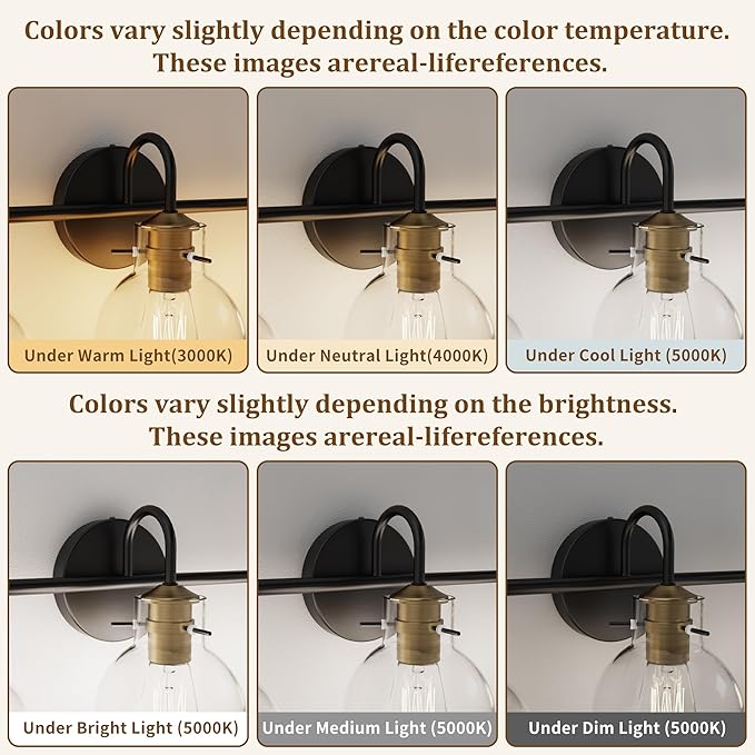 3 Light Bathroom Vanity Light, Brushed Gold and Black Vanity Lighting Fixtures, Bathroom Wall Mounted Sconces Vanity Lights Over Mirror with Globel Glass Shade, E26 Base
