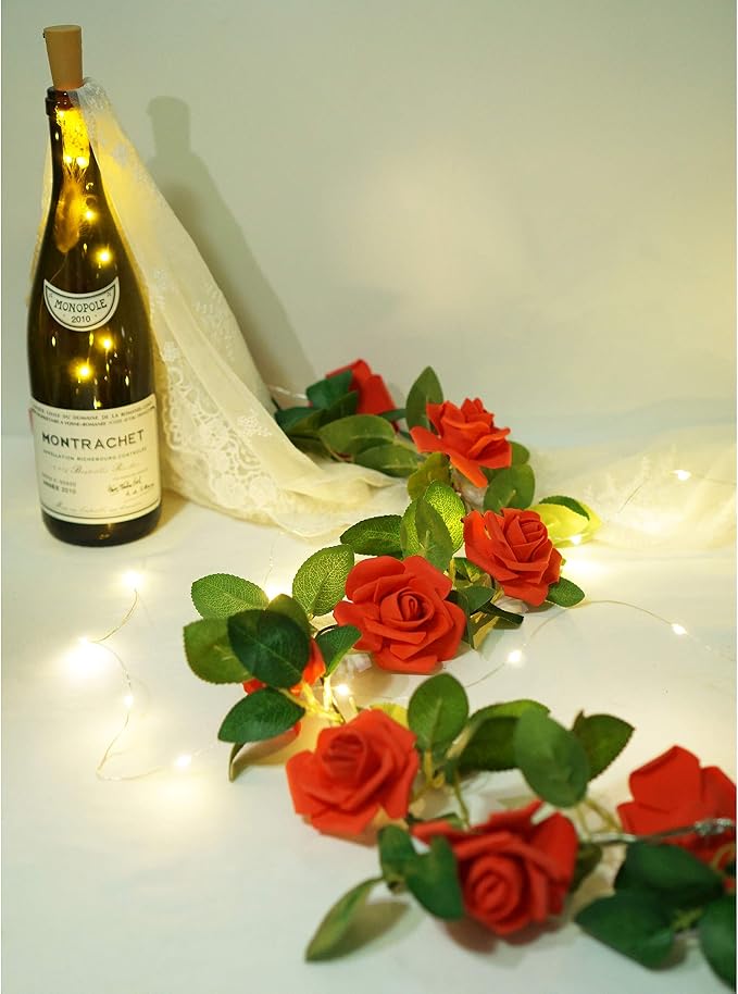 Rose Vine Lights with Remote, Battery or USB Operated Artificial Flower Garland, Hanging Fairy Lights for Bedroom Headboard, Valentine‘s Day, Wedding, Romantic Party Décor (Red, 9.9)