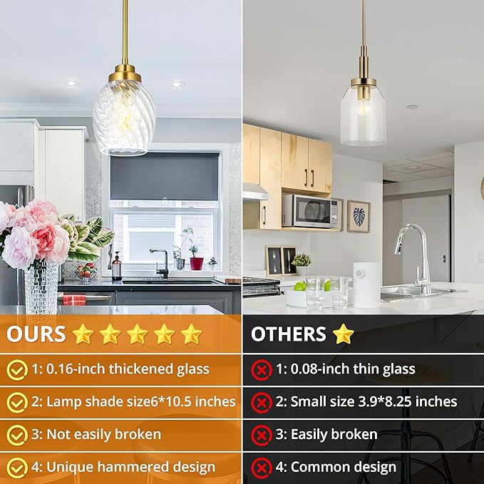 Glass Pendant Lights Kitchen Island,Twisted Clear Glass Treatment Pendant Light,Modern Hanging Light for Kitchen Sink Dining Room Bedroom, E26 (Brushed Gold, 1pack)