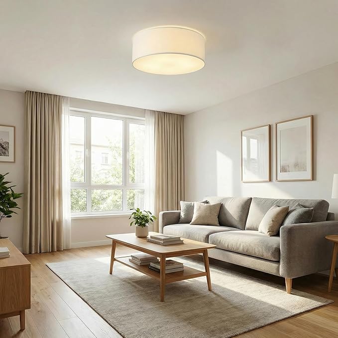 Flush Mount Ceiling Light, 16'' Modern Close to Ceiling Lamp with White Fabric Drum Shade, 3-Light Semi Flush Mount Ceiling Light Fixture, Farmhouse Ceiling Light for Bedroom Living Room