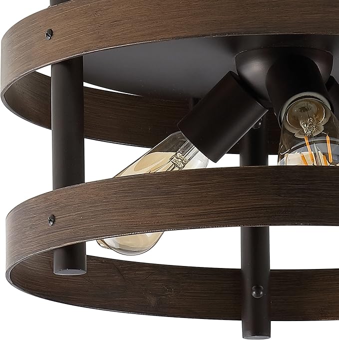 JONATHAN Y 16" Dark Brown Wood and Oil Rubbed Bronze 3-Light Iron Flush Mount, Farmhouse Industrial Round Ceiling Light for Kitchen Bedroom Hallway, LED Bulbs Included JYL1305A