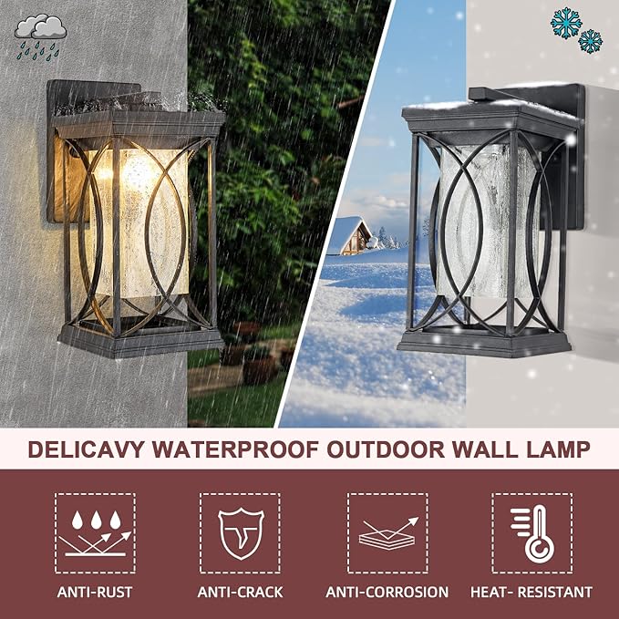 Dusk to Dawn Modern Outdoor Coach Lantern Exterior Light Fixtures Black Aluminum with Crack-Like Glass Waterproof Wall Sconce Mission Outside Light for House Front Porch Lighting
