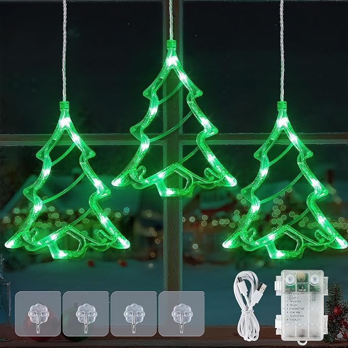 Christmas Window Lights,3 Pack 30LED Green Christmas Tree Light Battery Powered,Timer Memory Hanging Silhouette Xmas Twinkle Light 8 Mode for Wall,Bedroom,Indoor Outdoor Christmas Decoration