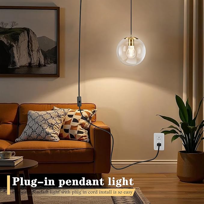 KoKo&Yukina 8" Globe Pendant Light Gold Plug in Pendant Light Adjustable Hanging Lights with Plug in Cord Brushed Gold Finished with Clear Glass Lampshade for Bedroom Kitchen Island(Bulb Included)
