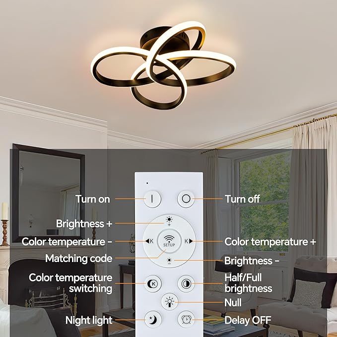 Modern Ceiling Light, 36W LED Dimmable Ceiling Light with Remote Control, 3000-6000K Color Temperature Changing, Black Small Chandelier for Bedroom, Entryway, Hallway, Kitchen