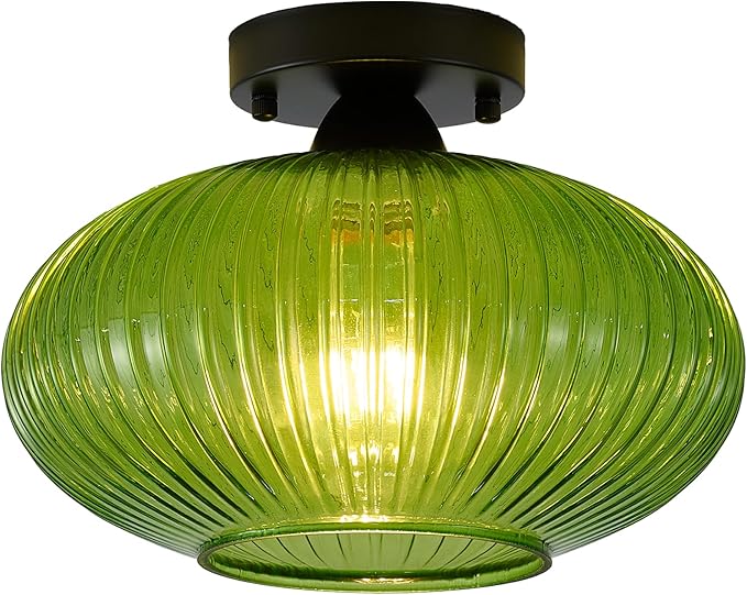 Green Vintage Glass Semi-Flush Ceiling Light - Mid Century Modern Art Deco Lighting Fixture for Hallway, Kitchen, Dining Room, Entryway, Foyer, Porch, Laundry Room