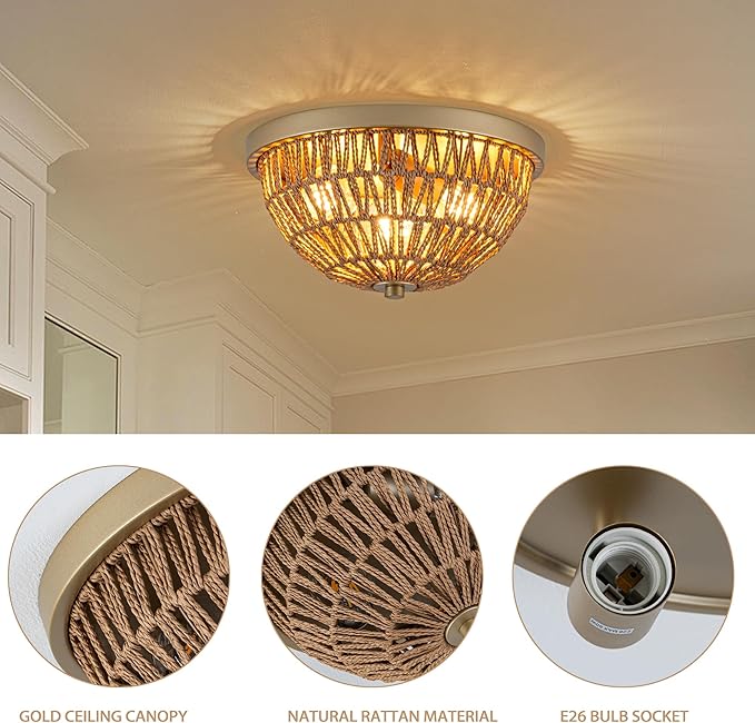 Gold Rattan Ceiling Light, 3 Light Boho Light Fixture with Drum Shape, Woven Flush Mount Ceiling Light for Entryway, Hallway, Bedroom, Kitchen
