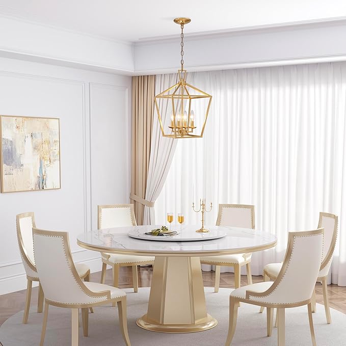 Untrammelife 4-Light Gold Lantern Pendant Light, Adjustable Height Metal Geometric Light Fixture 12'' Classic Cage Chandelier for Kitchen Island Hallway, Hand-Pasted Gold Foil Finish