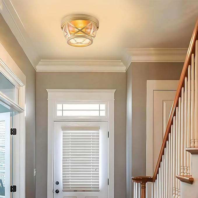 Flush Mount Ceiling Light Fixture Gold, 2-Light Modern Farmhouse Porch Light Ceiling Mount for Outdoor, Indoor Flush Mount Light Fixture for Hallway Foyer Kitchen Bathroom with Seeded Glass