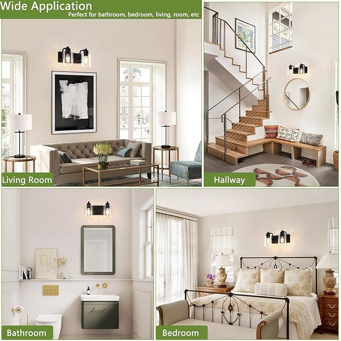 Dpyrrhic Matte Black 2-Light Bathroom Lights Over Mirror with Clear Glass Shade, Modern Bathroom Light Fixtures for Kitchen Living Room Bedroom Laundry Room