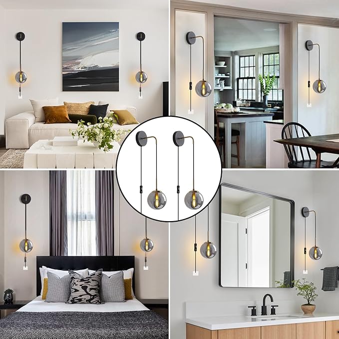KUZZULL Wall Sconces Set of Two Black and Brass Gold Plug in Wall Sconces Set of 2 with Globe Smoke Grey Glass Shade Wall Lights Wall Lamps for Bedrooms Sconces Wall Decor Set of 2 with Plug in Cord