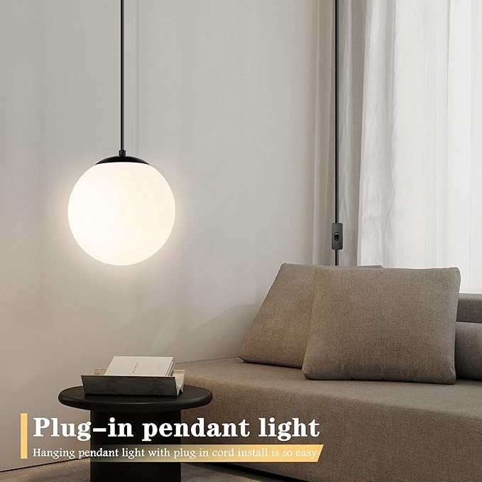 KoKo&Yukina 10" Globe Pendant Light Black Plug in Pendant Light Adjustable Hanging Lights with Plug in Cord Matte Black Finished with Milk Glass Lampshade for Bedroom Kitchen Island(Bulb Included)