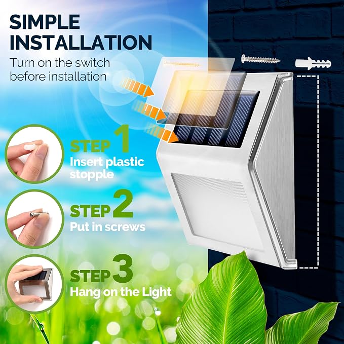 GIGALUMI 6 Pack Solar Step Lights,3 LED Solar Stair Lights Outdoor LED Deck Lighting Stainless Steel Waterproof Led Solars Light for Step,Stairs,Pathway,Walkway,Garden-(Cold White)
