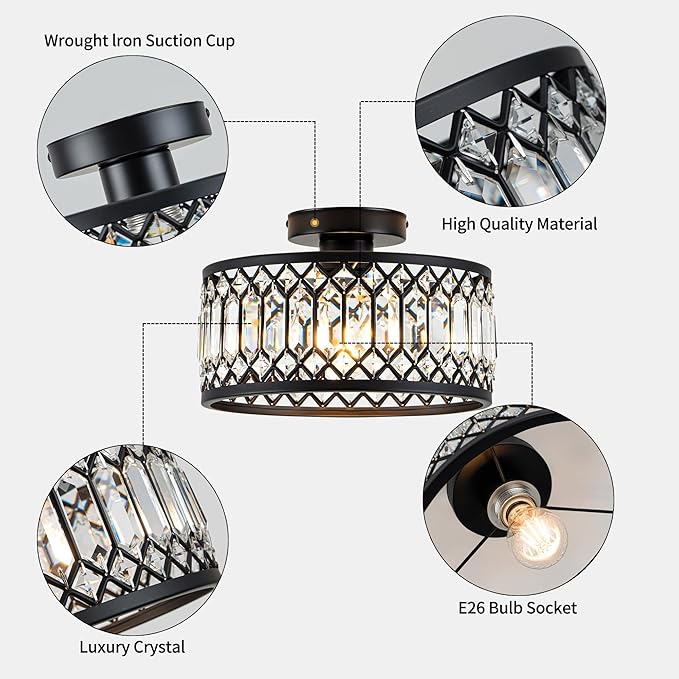 Crystal Ceiling Light Fixture, Modern Flush Mount Ceiling Light, Black Crystal Chandelier for Kitchen Bedroom Bathroom Entryway Hallway