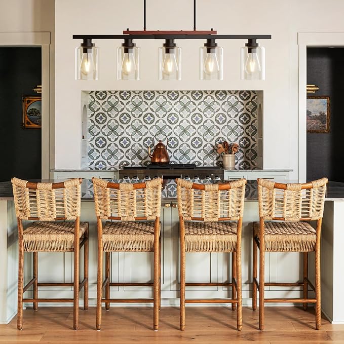 5-Light Kitchen Island Light, 33.4" Island Lighting with Black Metal & Wood, Dining Room Light Fixture for Kitchen Island, Adjustable Height (Bulbs Not Included)