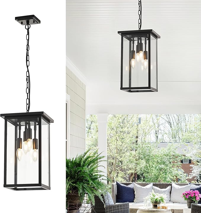 10" Modern 4-Light Exterior Black Square Lantern Pendant Light Fixture with Clear Glass Industrial Hanging Cage Chandelier for Outdoor Porch Kitchen Island Dining Room Hallway Entryway Foyer