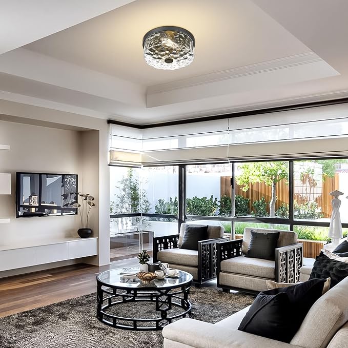 Flush Mount Ceiling Light with Water Ripple Glass Shade, Modern 2-Light Ceiling Lighting for Kitchen Living Room Porch Hallway, Industrial Black Ceiling Lamp for Lighting and Decoration