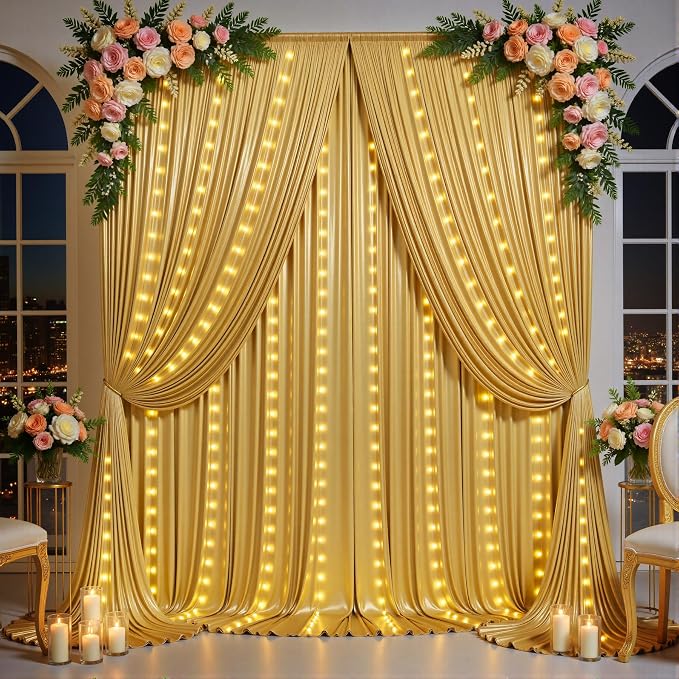 Outpain 20x10ft Gold Sequin Backdrop Curtains with Light -Lighted Up Gold Photo Backdrops with Non-Shedding Glitter, Wrinkle-Free Drapes for Wedding/Christmas/Studio(5x10ft 4 Panels)