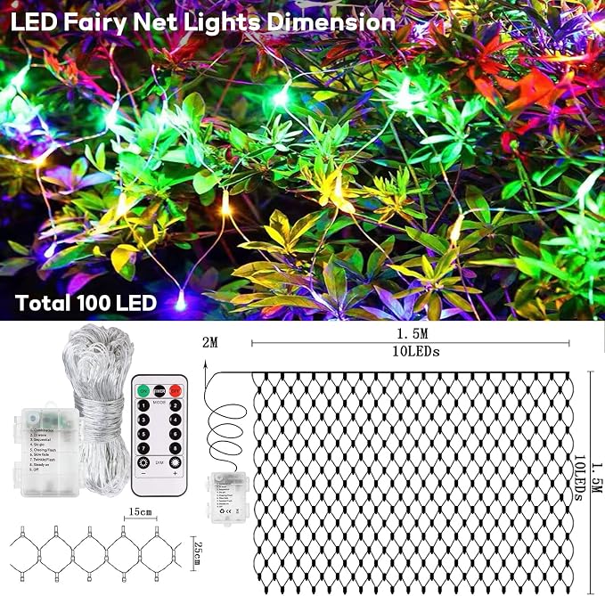 echosari Chritsmas Net Lights Battery Operated, 100 LED 4.9 x 4.9ft Outdoor Net Light Remote Timer Mesh Lights for Bush Deck Fence Wall Holiday Decor (Multicolor)