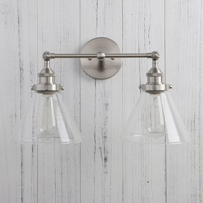 PERMO Industrial Vintage Slope Pole Wall Mount Single Sconce with Funnel Flared Clear Glass Shade Wall Sconce Light Lamp Fixture Hardwired (Antique Gold) (Brushed, Funnel Flared 2-Light Hardwired)