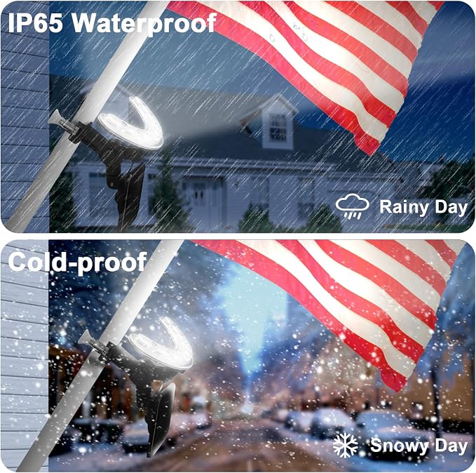 Solar Flag Pole Light, Flagpole Light Solar Powered - 3000K Warm, Super Bright PC Crystal LED Spotlights, Upgraded 2200mAh 145Lm, Adjustable Bracket & Metal Clamp Fits 1-1.5" Flagpole, 8-12 Hrs, Black