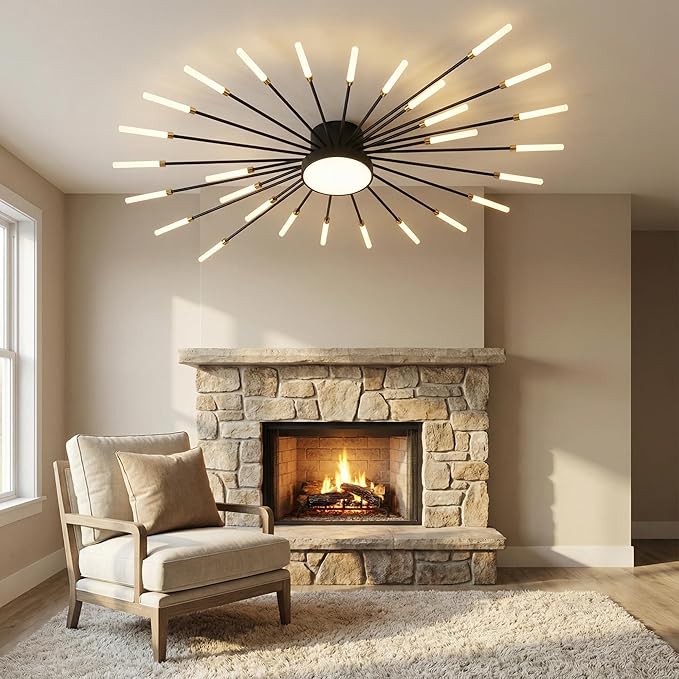 Modern Ceiling Light LED Flush Mount Ceiling Light for Living Room,Kitchen,Dining Room,Bedroom Fireworks Design Dimmable with Remote Control & Memory Function Lighting Fixture (Black,28 Light)