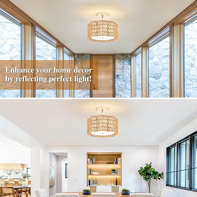 Tbaoinla✿ 13.8" Handwoven 3-Light Rattan Ceiling Light | Boho Flush Mount for Bedroom & Nursery, Natural Fiber Basket Light Fixture, Gold Light Fixture