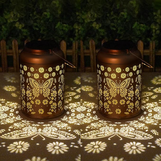 Birthday Gifts for Women Men - 2 Pack Butterfly Solar Lanterns Outdoor Waterproof, Mothers Day Gifts for Mom Grandma, Butterflies Solar Lights Garden Decor, Outdoor Decor for Patio, Yard