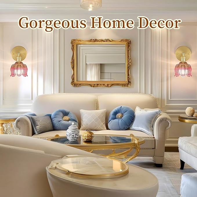 Vintage Battery Wall Sconce with Flower lampshade,Rechargeable Battery Powered Wall Lights,Wall lamp with 15 Colors for Bedroom Living Room Home Decor (Flower Pink, 2 Light Battery Operated)