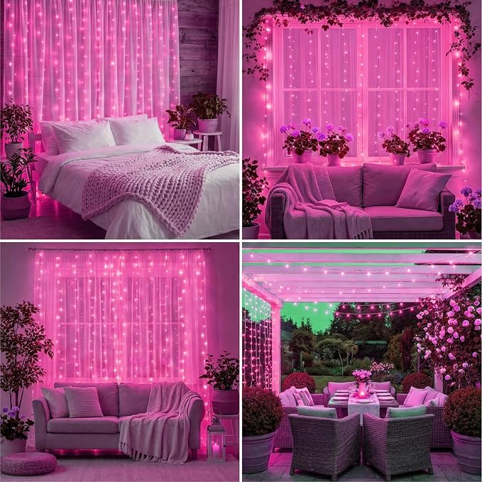 Curtain Light for Bedroom, 200LED 6.6x6.6ft Pink Window Wall Hanging Fairy Curtain String Light, 8 Modes Remote Fairy String Lights Indoor for Wedding Party Home Garden Decorations