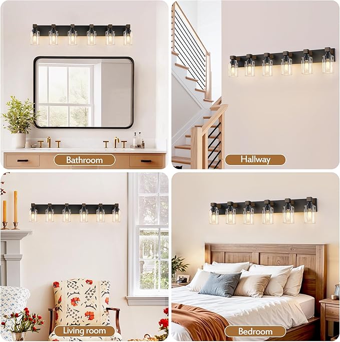 Farmhouse Bathroom Vanity Light Fixtures, Rustic 6-Light Wood Vanity Lights for Bathroom, Vintage Black Wall Sconces Lighting, Light fixtures Over Mirror, with Glass Shade