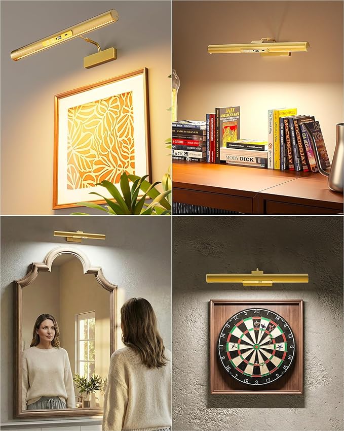 Skairipa Picture Light for Wall, 6000mAh Rechargeable Wireless Wall Lights Remote, 13'' Dimmable LED Art Painting Light with 3 Color Temps, Display for Gallery, Living Room, Hallway (Gold, 1Pack)