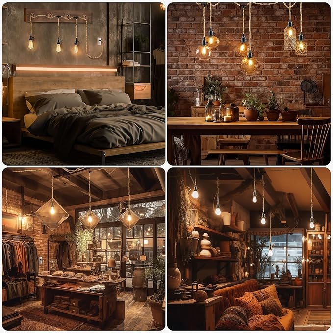 LYOOWNG 3 Light Plug in Pendant Light Cord, 25FT Hanging Lights with Plug in Cord, Hemp Rope Hanging Light Kit with 2 Way Switch, Farmhouse Pendant Light Kits DIY HangingLight