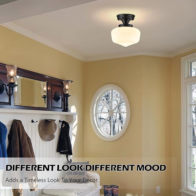 Black Schoolhouse Light Fixture 8" Mid Century Light Fixture Schoolhouse Light Fixtures Ceiling Milk Glass Light Fixtures Semi Flush Mount Ceiling Light for Bathroom (Bulb Incl.)