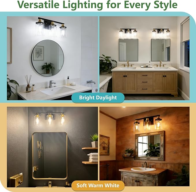 DORESshop Bathroom Light Fixtures, 3-Light Black and Gold Bathroom Lights Over Mirror with Clear Glass Shade,Vanity Lights for Bathroom Hallway Bedroom Living Room, ETL Listed