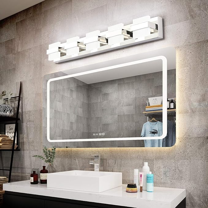 SOLFART Chrome 5 Light Bathroom Vanity Lights Over Mirror, Modern Chrome Bathroom Light Fixtures LED Lights Dimmable