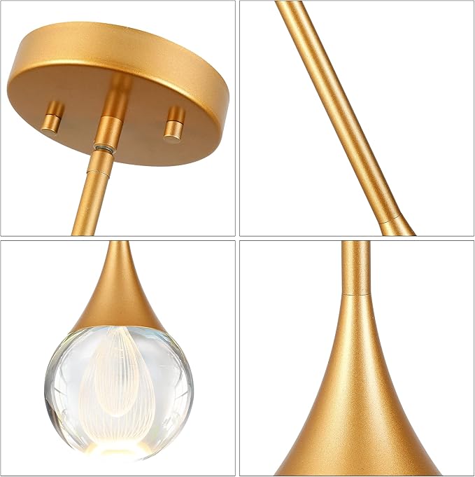 2-Pendant Lights Kitchen Island, Brass Gold Globe Crystal Ceiling Hanging Light Fxitures, LED Light Fixtures Metal Rod Ceiling Glass Pendant Lighting for Kitchen Island Dining Room Bar