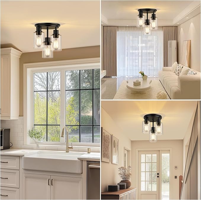 ROTTOGOON Semi Flush Mount Ceiling Light, Close to Ceiling Lights Fixtures, 3 Light Kitchen Ceiling Lights Fixtures with Glass Shades, Hallway Light Fixtures Ceiling Mount for Foyer, Black
