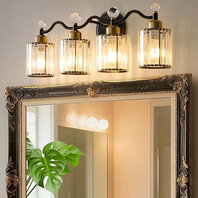 Modern Crystal Bathroom Vanity Light,Balck and Gold 4-Lights Bathroom Light Fixtures, Vanity Light Fixtures Over Mirror, Glass Wall Sconce Light for Bedroom, Kitchen, Living Room, Gallery, E26 Base