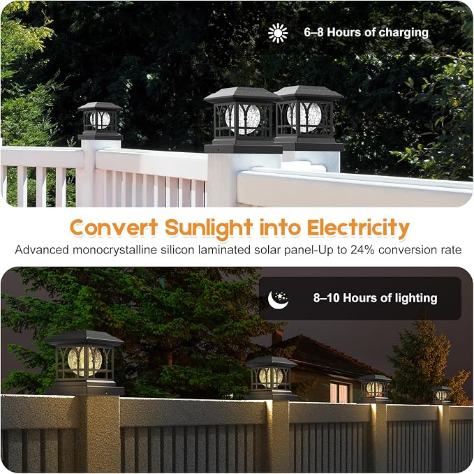 Fence Post Solar Lights, Crackle Glass Solar Post Cap Lights, 20 Lumens, Warm White & RGB Automatic Cycling 2 Modes for 3.6x3.6 4x4 4.5x4.5 5x5 Vinyl Wooden Posts Decoration, Black (1 Pack)