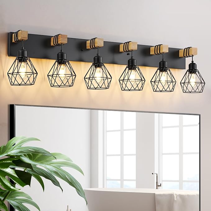 Farmhouse Vanity Light for Bathroom, 6-Light Wood Bathroom Vanity Light Fixtures Over Mirror, Rustic Sconces Wall Lighting with Metal Lampshade for Living Room, Bedroom, Hallway