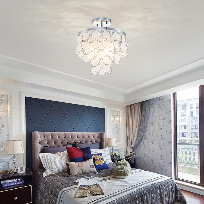 D11 inch Capiz Shell Ceiling Light, 3-Light Coastal Design Semi-Flushmount Light Fixture for Dining Room, Hallway, Bedroom, D11xH13 in, True Shell Pendants& Chrome Finish Frame