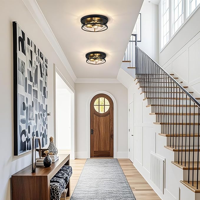 Farmhouse Light Fixtures, Black and Gold Round Metal Flush Mount Ceiling Light, 3-Light Cage Ceiling Lamp for Kitchen, Foyer, Bedroom, Hallway(Bulbs Not Included)
