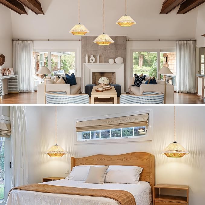Epinl Boho Plug in Hanging Light - 12.7 Inch Rattan Plug in Pendant Light Dimmable Wicker Bamboo Woven Lampshade Hanging Lamp for Bedroom Living Room Farmhouse